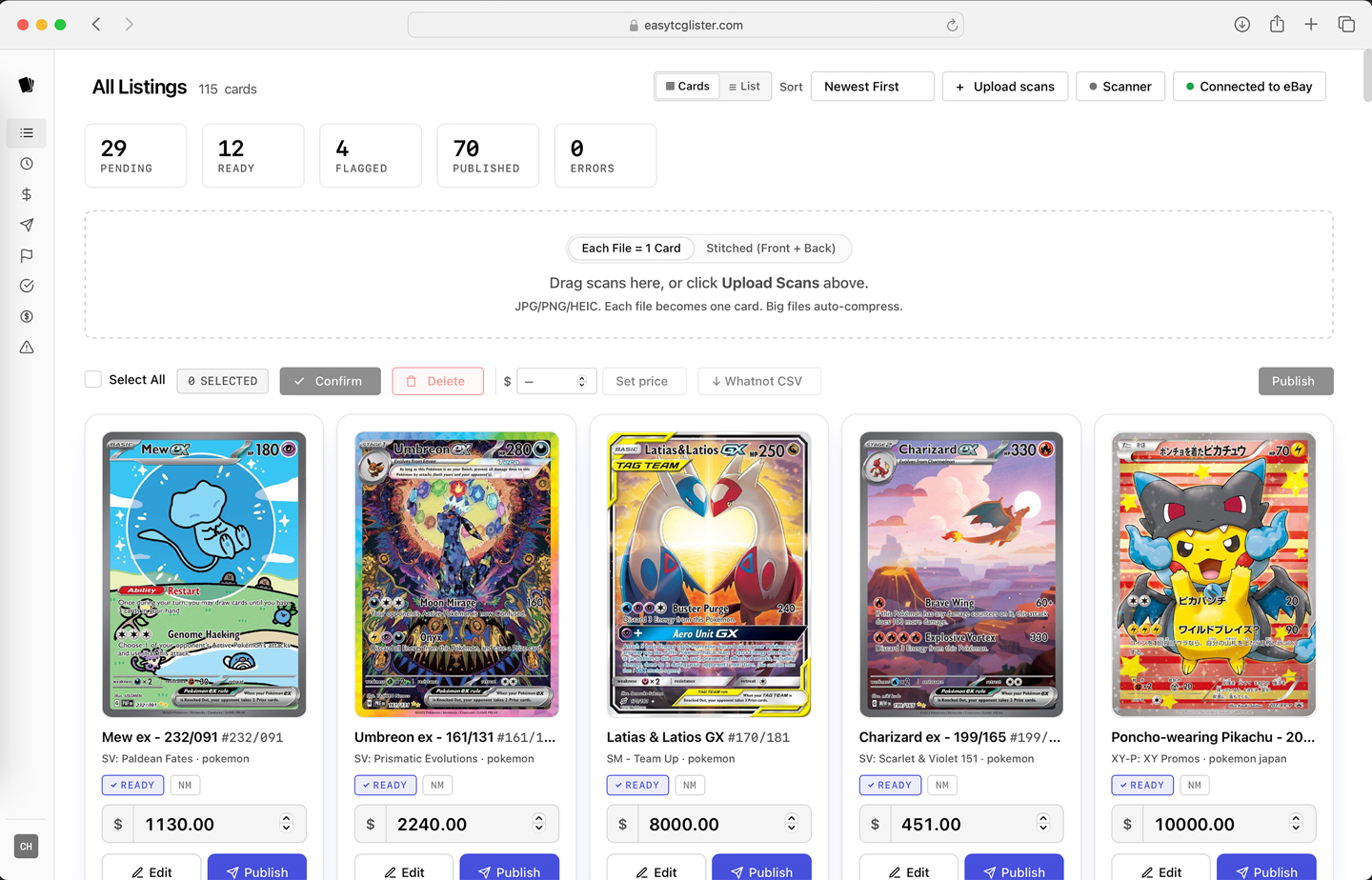 The Easy TCG Lister dashboard — the Upload Scans drop zone above a grid of card listings.