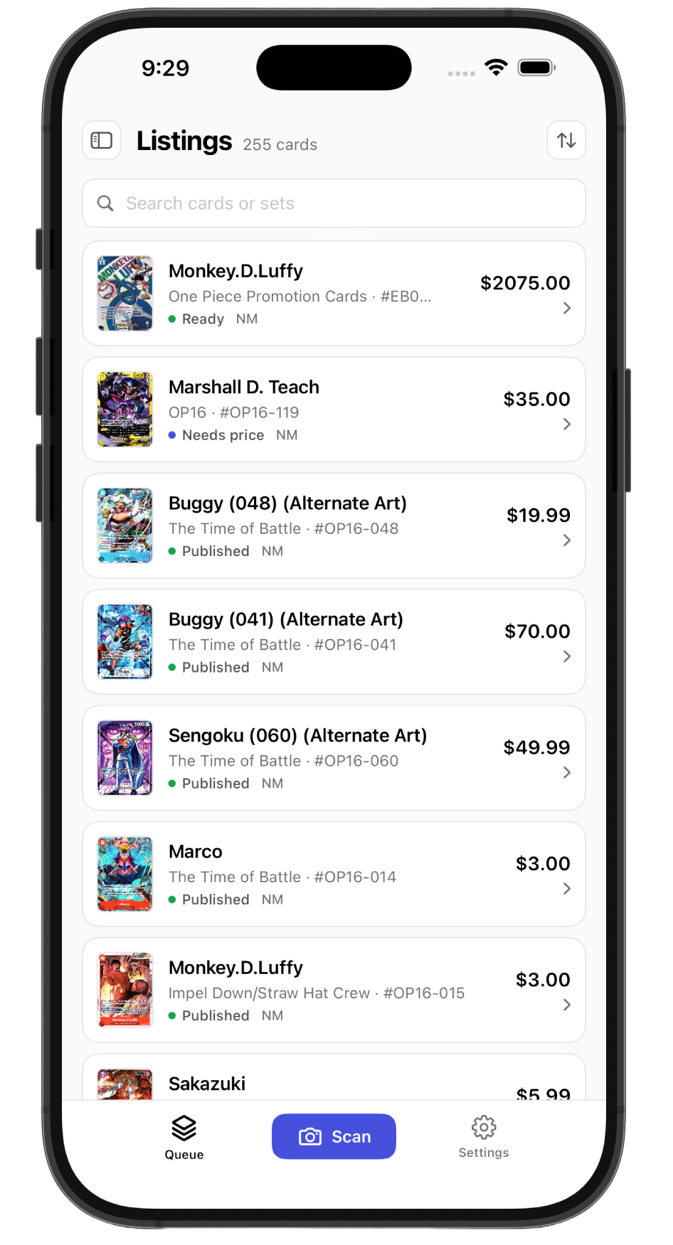 Easy TCG Lister iOS app — listings overview showing every card, its price and its status